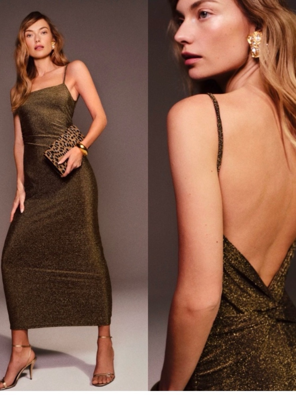 Breslin Metallic Gold Slip Midi Dress with Spaghetti Straps, backless
